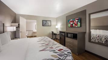 A hotel room with a bed, a desk, a television, and a mirror.