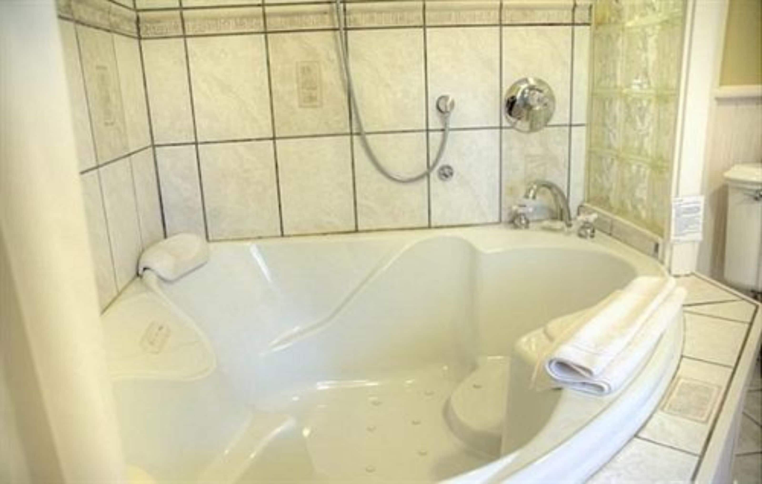 A bathroom with a large bathtub, a showerhead, and a toilet.