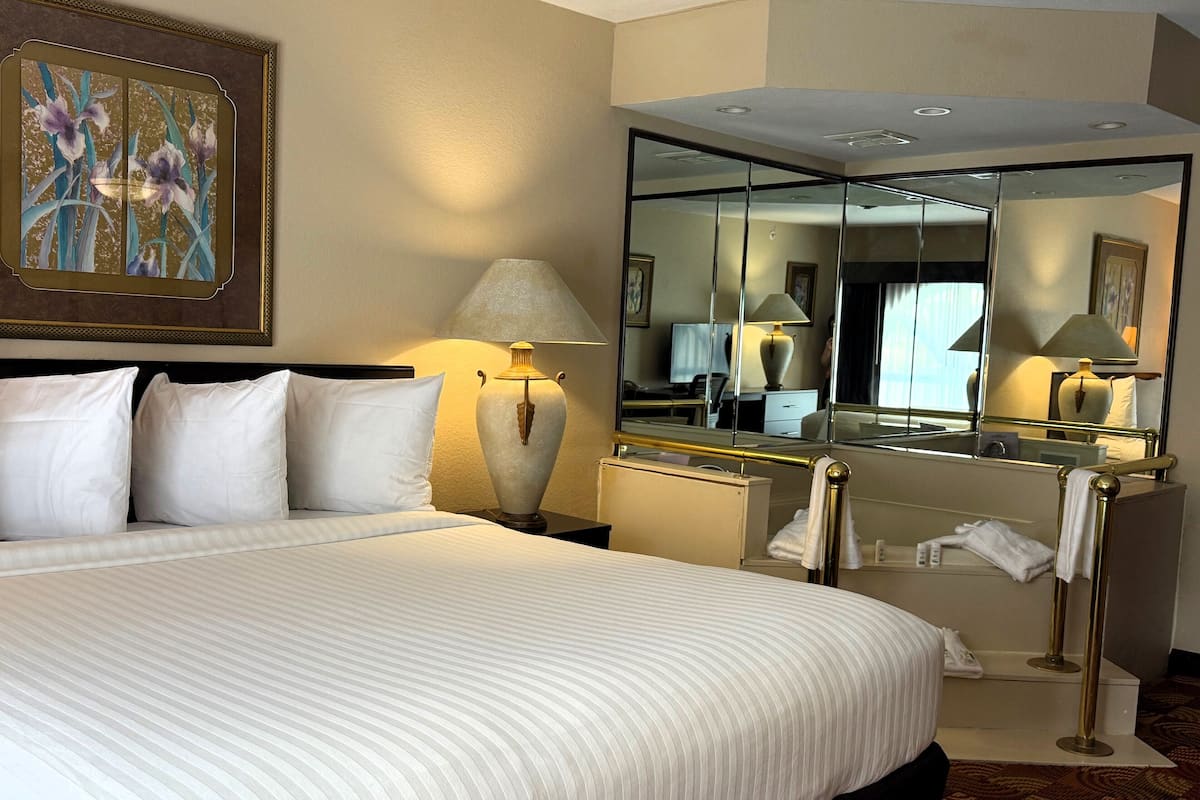 Habitación de hotel con una cama grande, una mesita de noche con lámpara, un aparador, un espejo y un perchero para toallas.