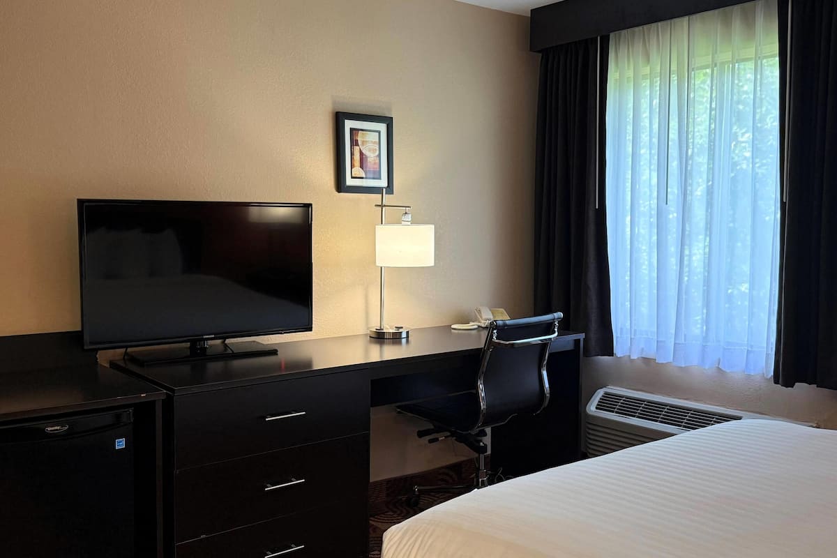 Habitación de hotel con cama, escritorio con silla, televisor, lámpara y ventana con cortinas.