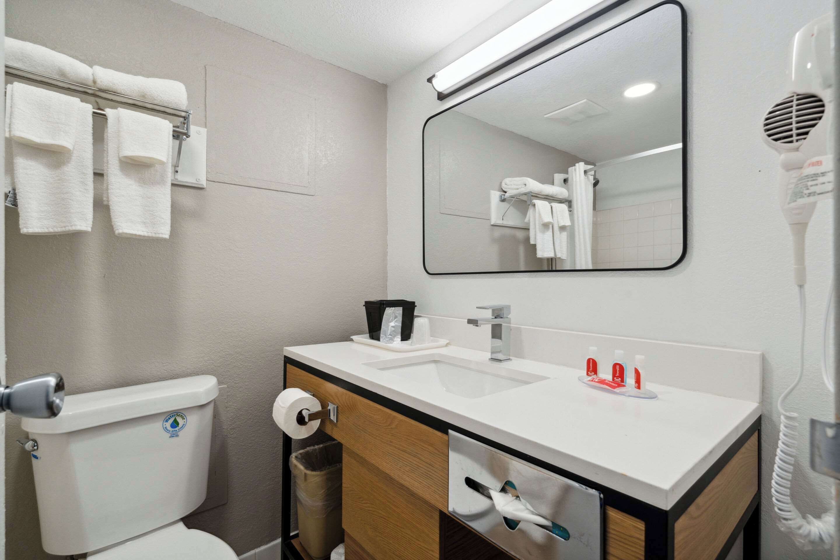 A bathroom with a toilet, sink, mirror, and towel rack.