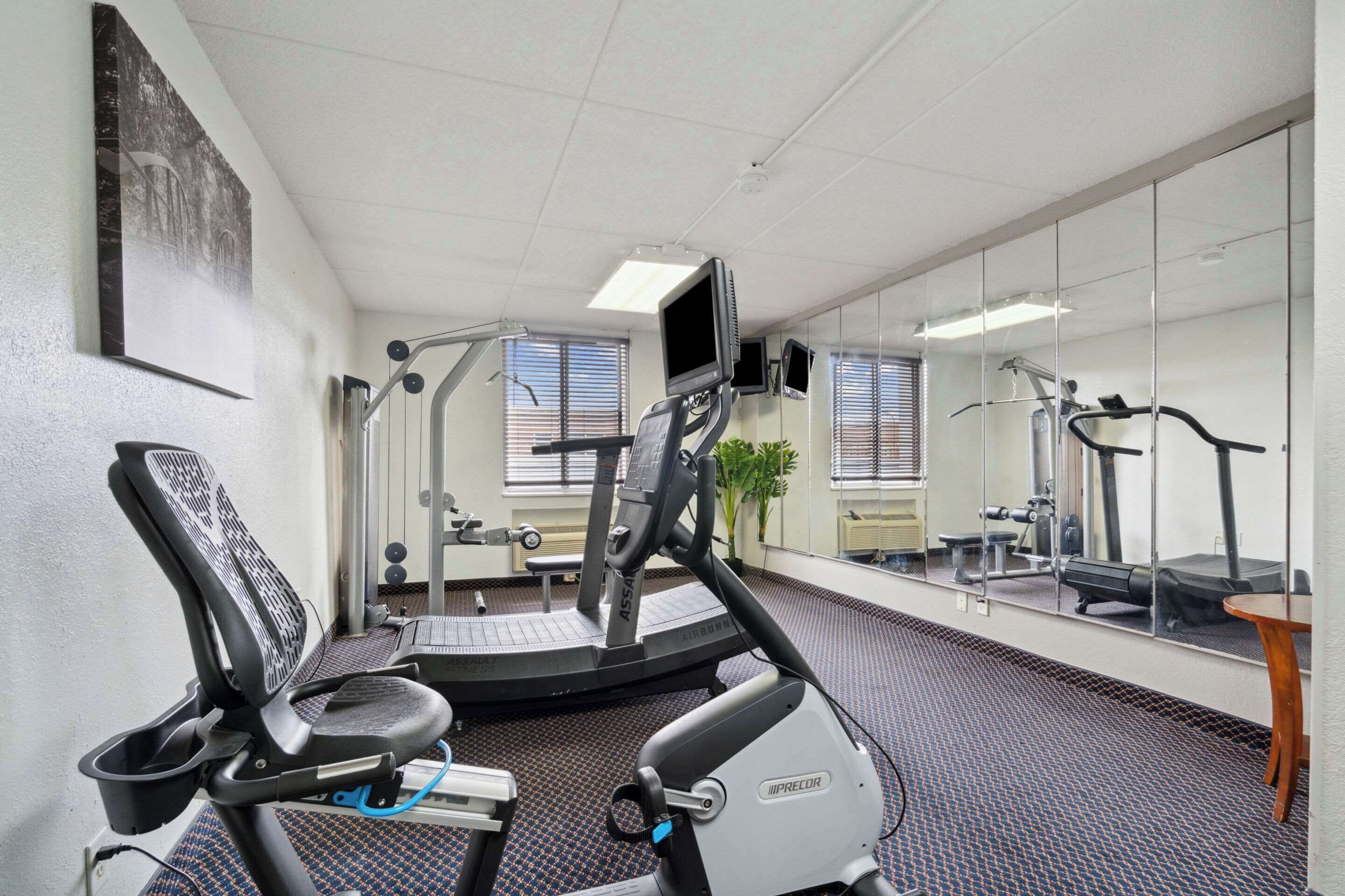 Een sportschool met cardioapparatuur, een spiegelwand en een raam met zonwering.