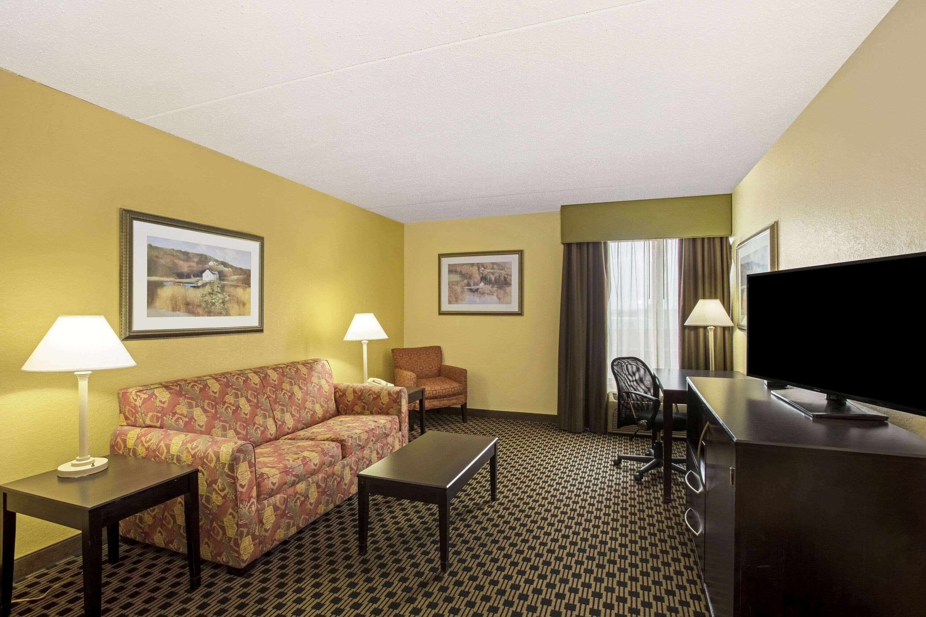 A hotel room with a patterned carpet, a sofa, a chair, a desk, a television, and two lamps.