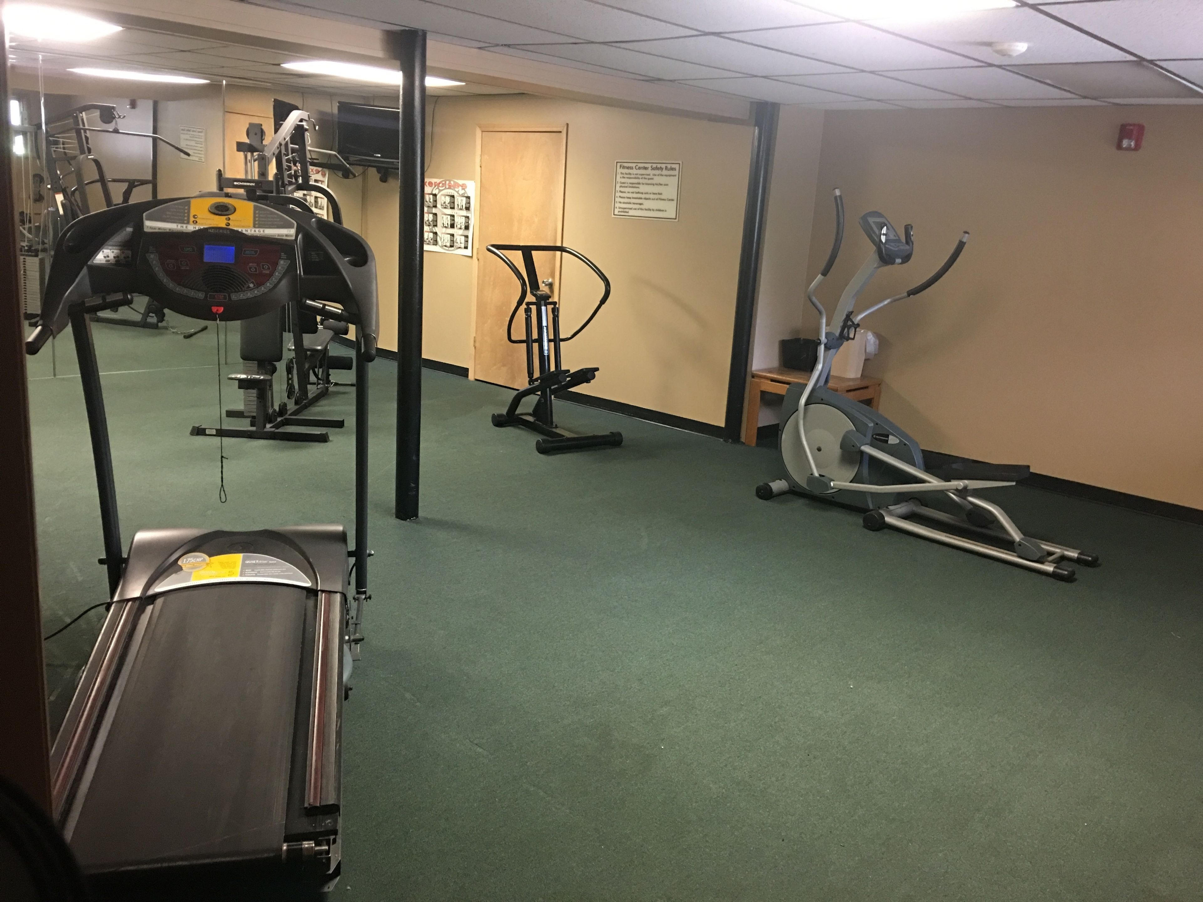 A gym with treadmills, stationary bikes, and elliptical machines.