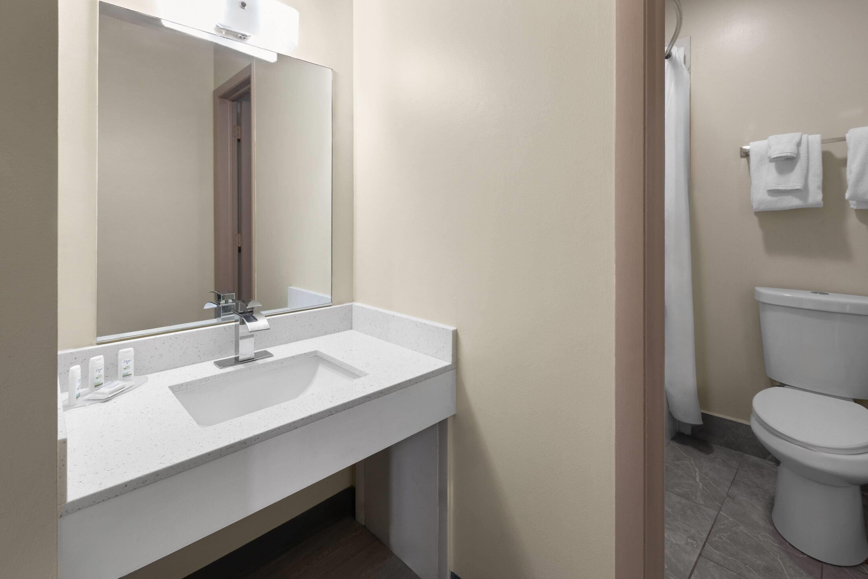 A bathroom with a white sink, mirror, and toilet.