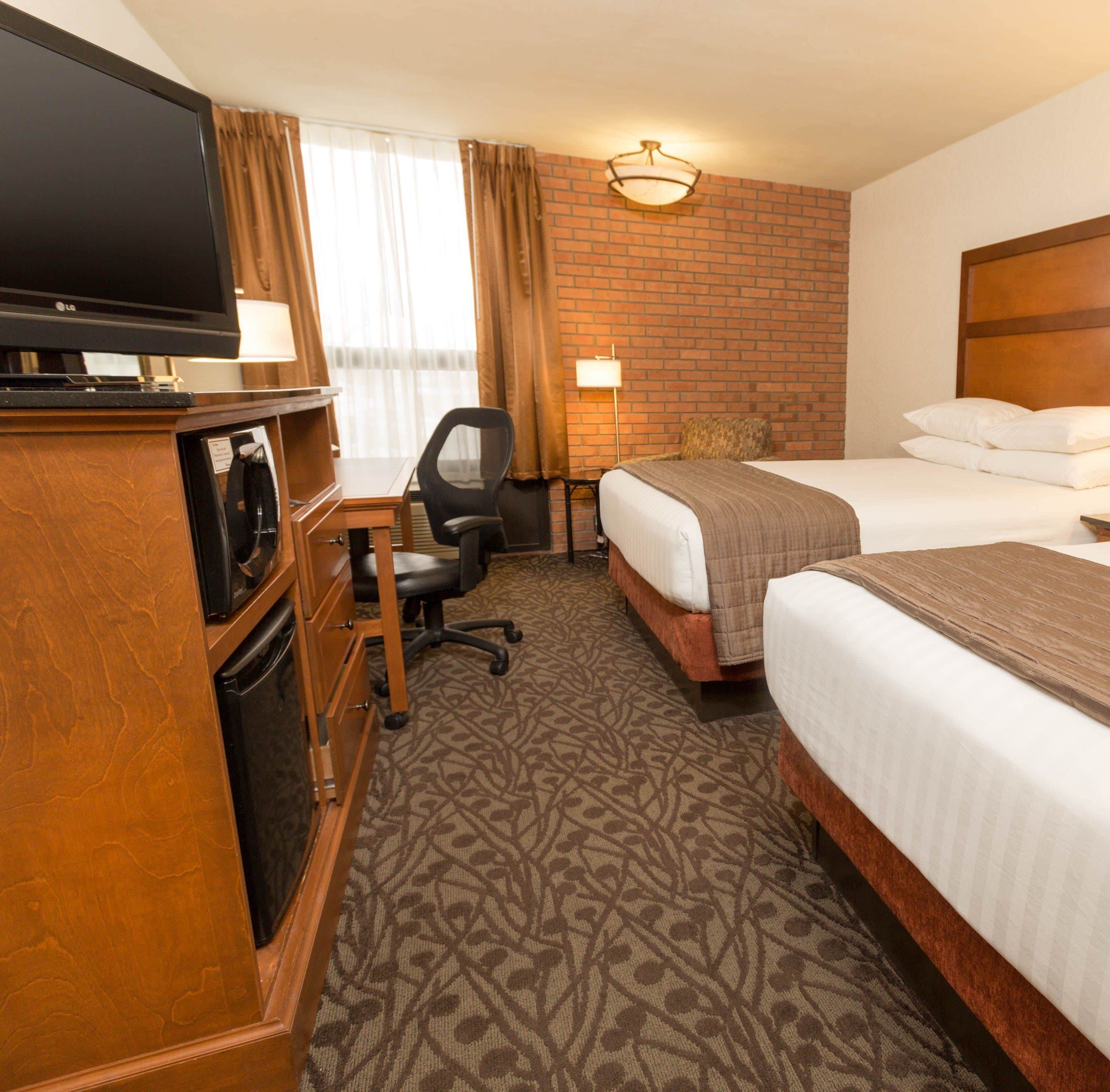 desk, laptop workspace, blackout curtains, iron/ironing board