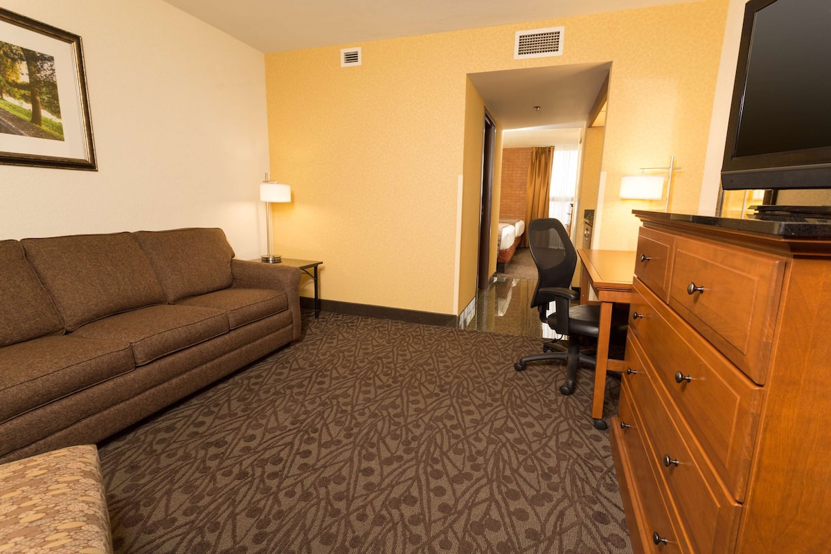 A hotel room with a brown sofa, a wooden dresser, a desk, and a television.