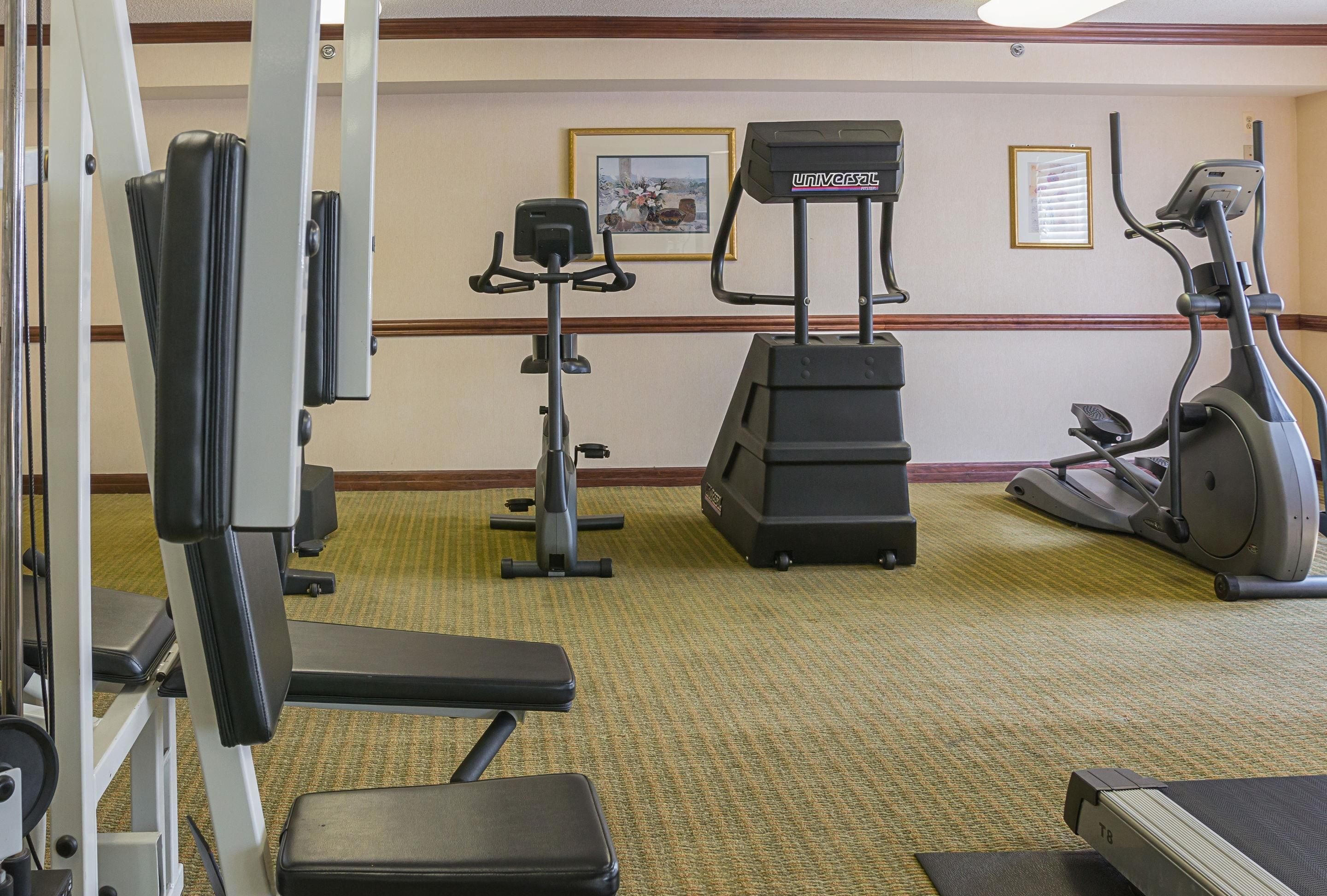 Un gimnasio con diversos equipos de ejercicio, incluyendo una caminadora, elíptica y máquinas de pesas.