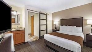 Une chambre d’hôtel avec un lit, un bureau, une télévision, une armoire et une porte de salle de bain.