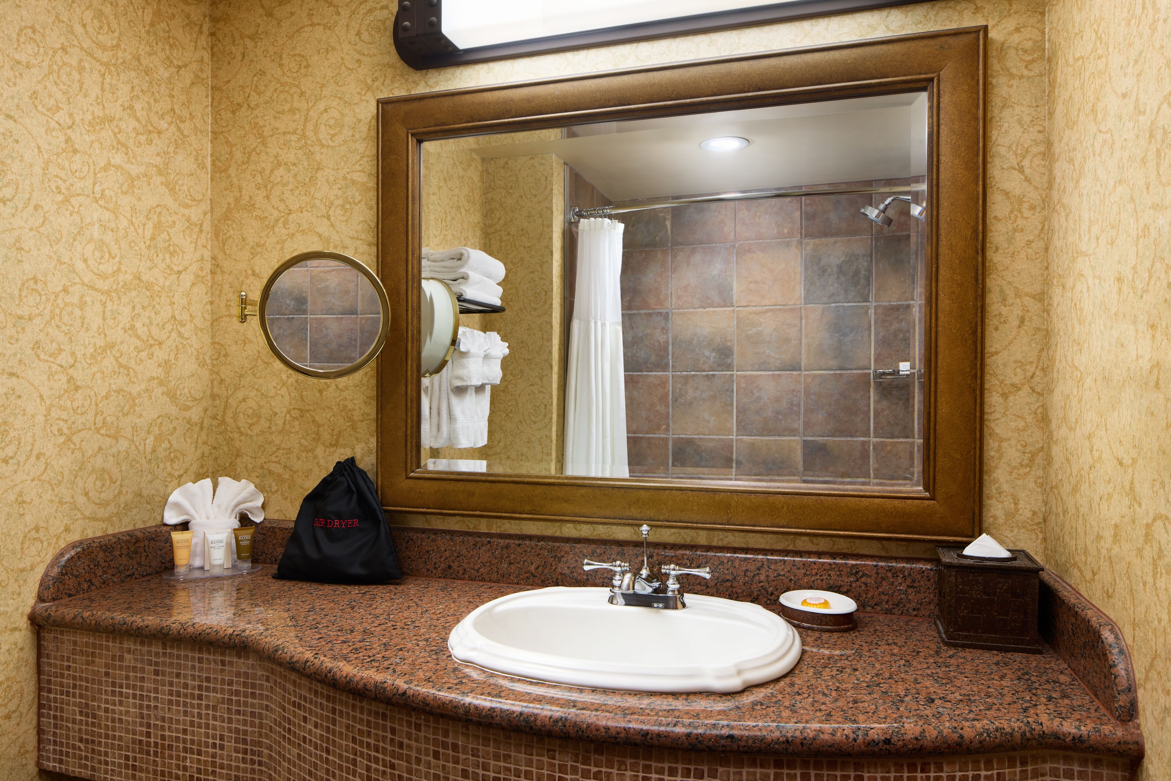 Une salle de bain avec un grand miroir, un lavabo et une douche.