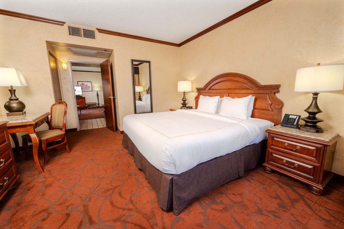 A hotel room with a large bed, two bedside tables with lamps, a wooden nightstand, a chair, and a carpeted floor.