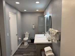 A bathroom with a toilet, sink, mirror, and towels.