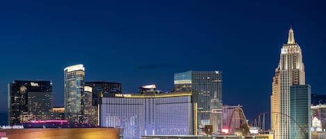 A city skyline with prominent buildings including a large hotel with a distinctive curved facade and a tall, ornate tower.