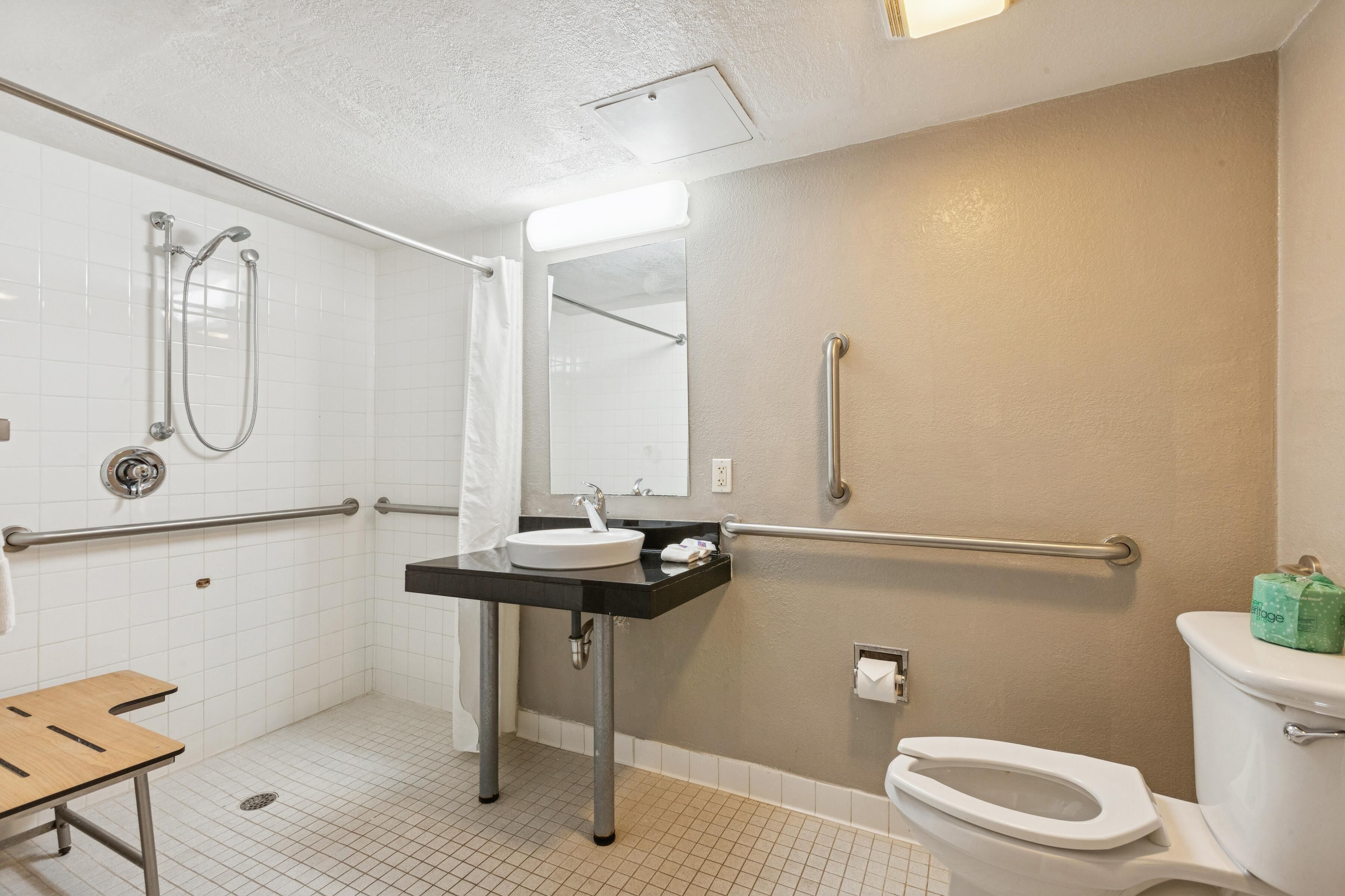 A bathroom with a white sink, mirror, and toilet, equipped with grab bars and a shower area.