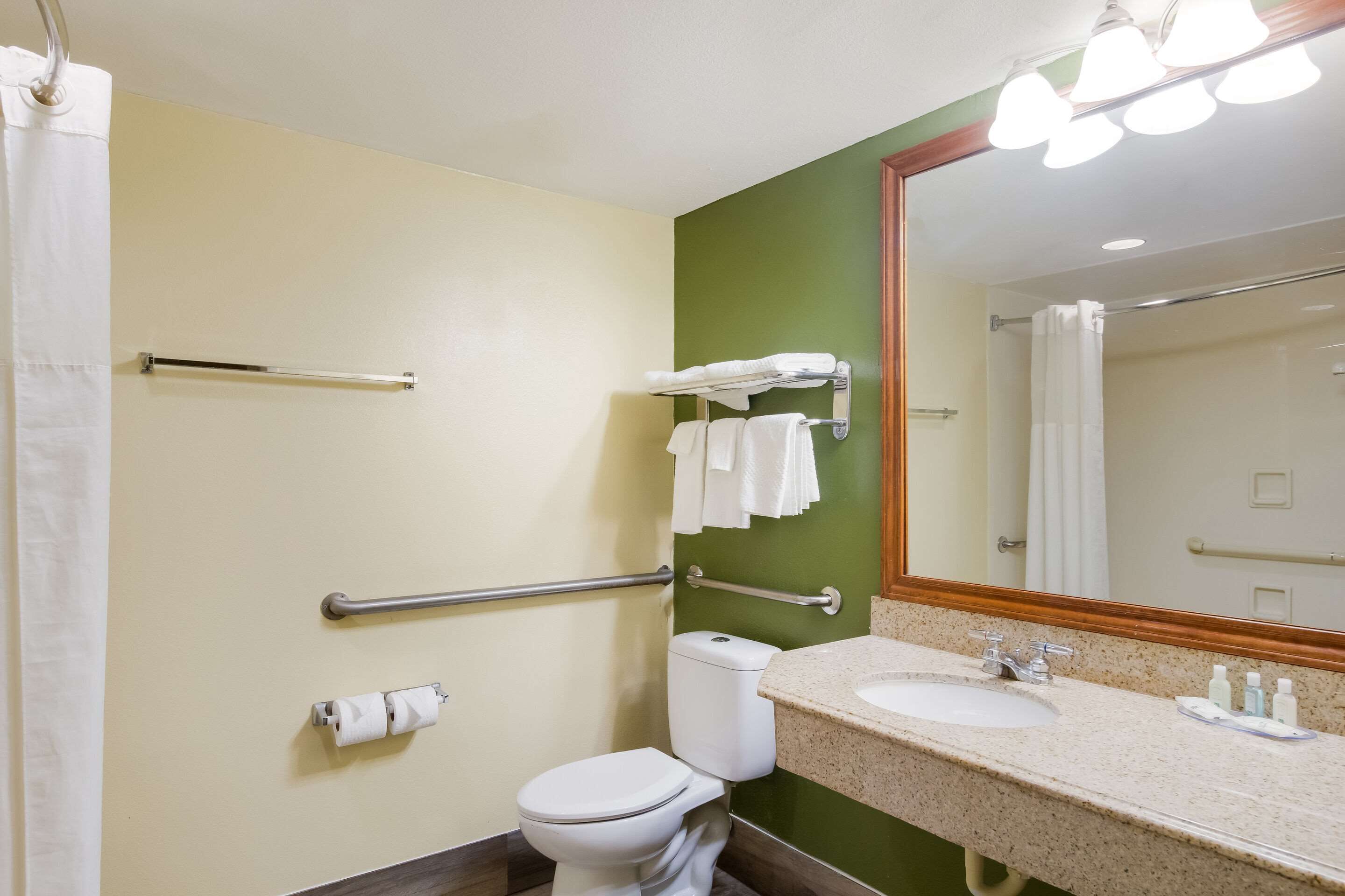A bathroom with a toilet, sink, and mirror. There are handrails and a shower curtain.
