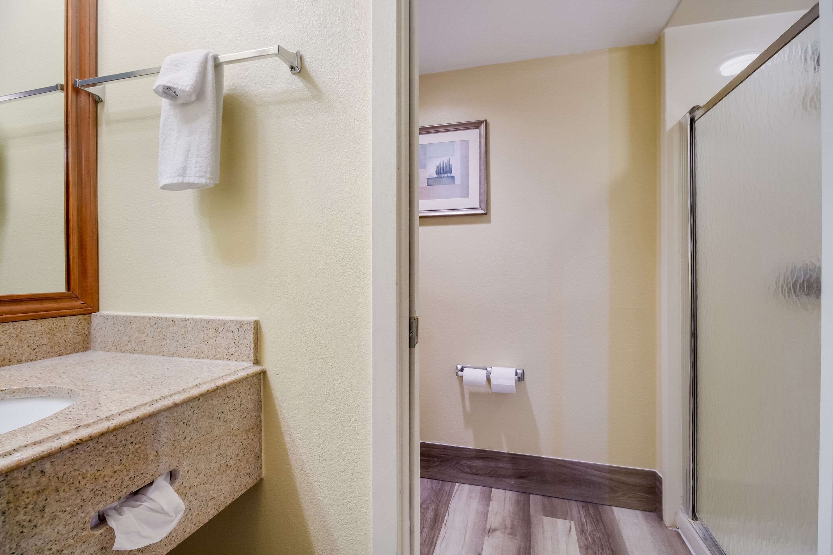 A bathroom with a granite countertop sink, a towel rack with a white towel, a framed picture on the wall, and a glass shower enclosure.