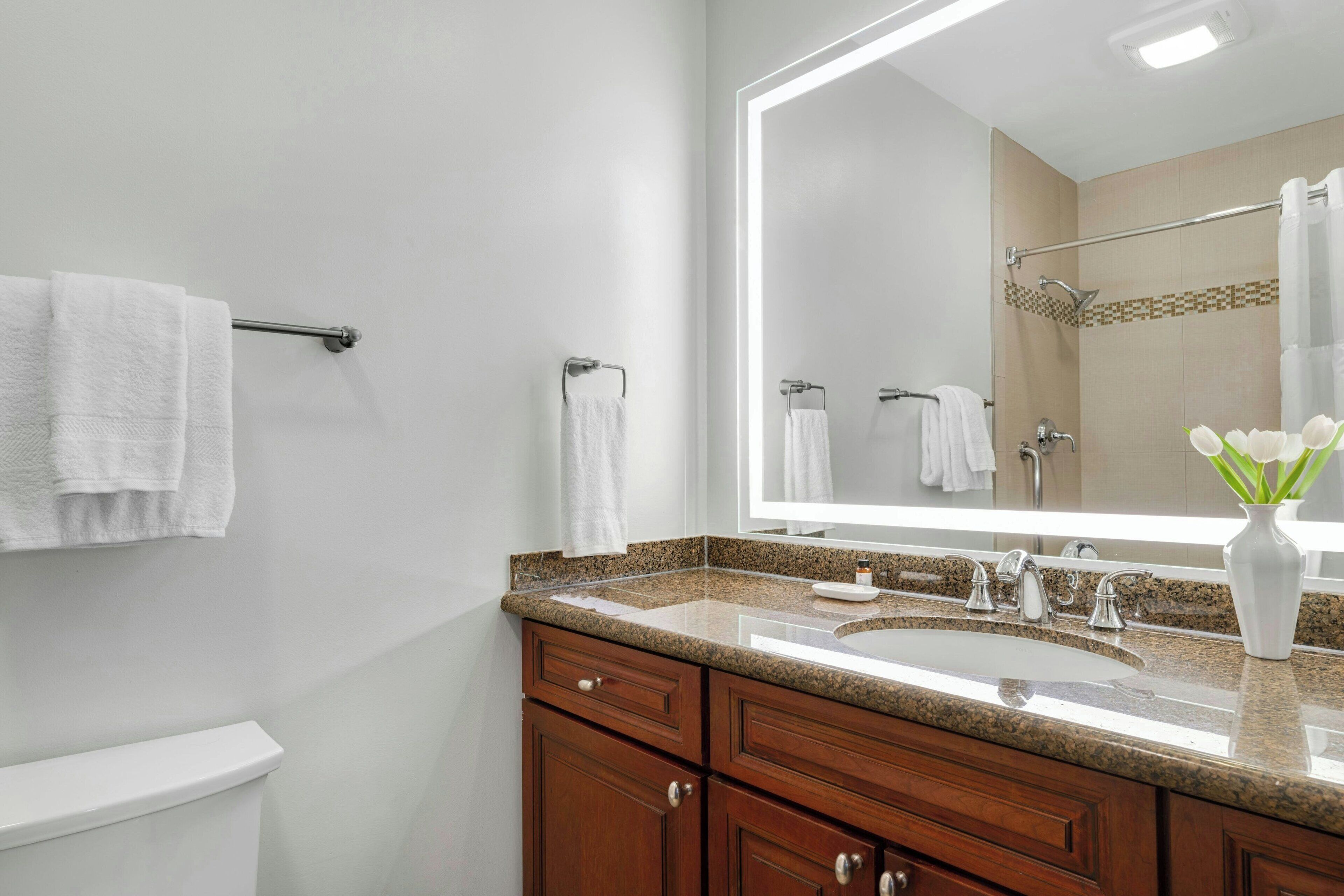Un baño con inodoro blanco, lavamanos con encimera de granito, un espejo grande y armarios de madera.