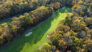 Vista aérea de un campo de golf con un obstáculo de agua, rodeado de árboles densos.
