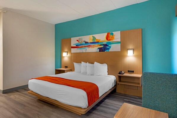 Desk, laptop workspace, blackout curtains, iron/ironing board