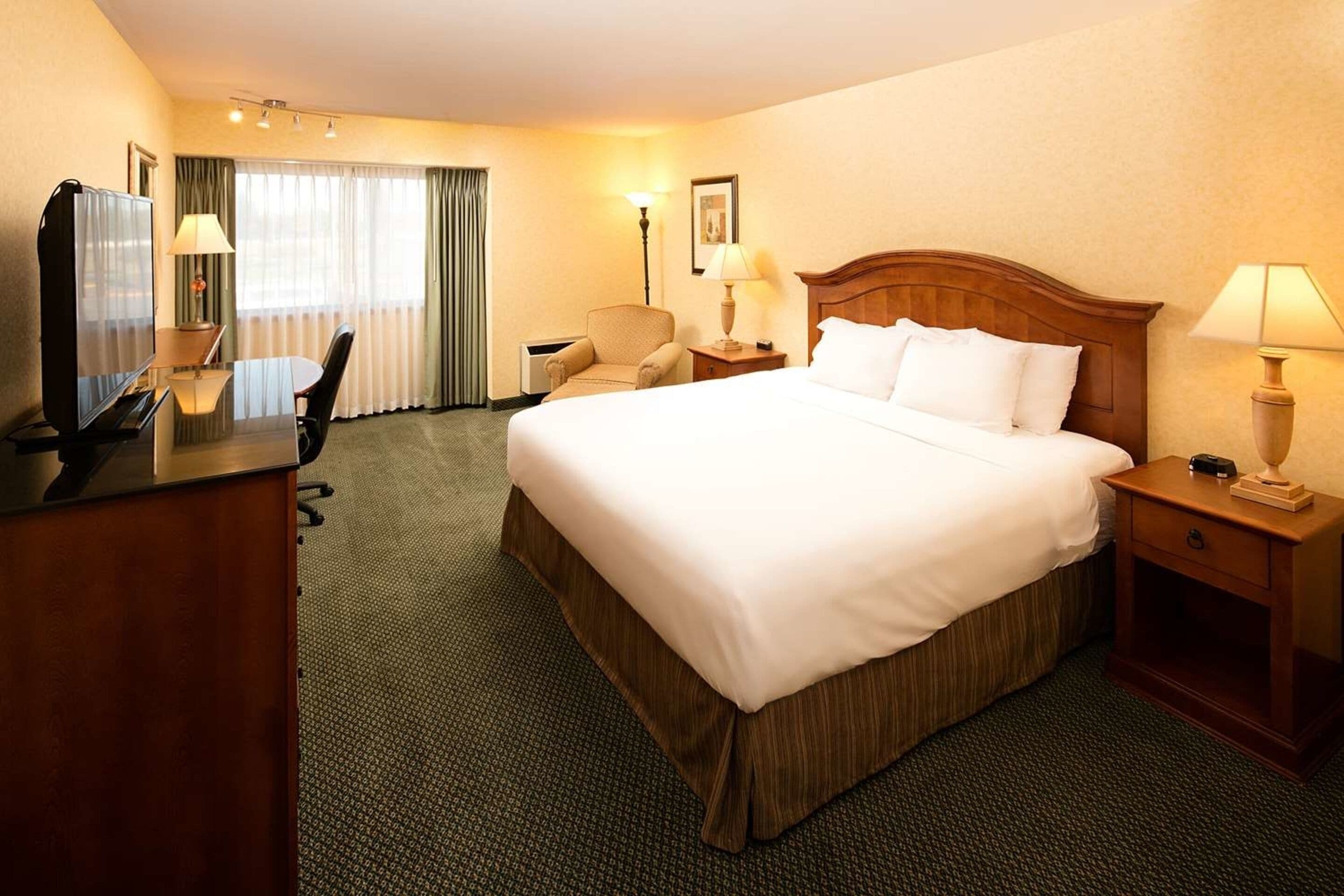 Quarto de hotel com uma cama grande, uma escrivaninha com cadeira, uma televisão e duas luminárias de cabeceira.