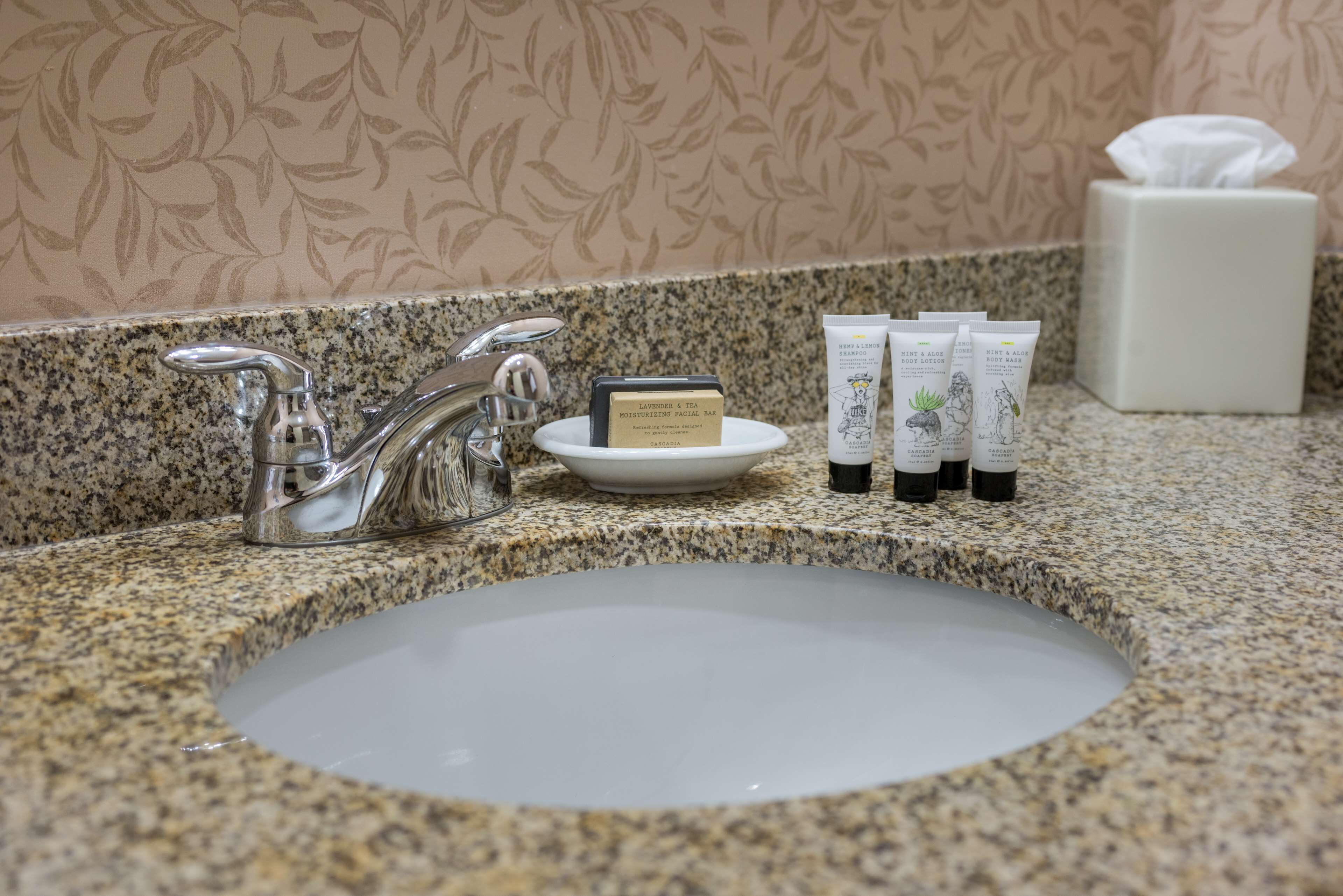 A bathroom sink with a granite countertop, a soap dish, and three tubes of lotion.