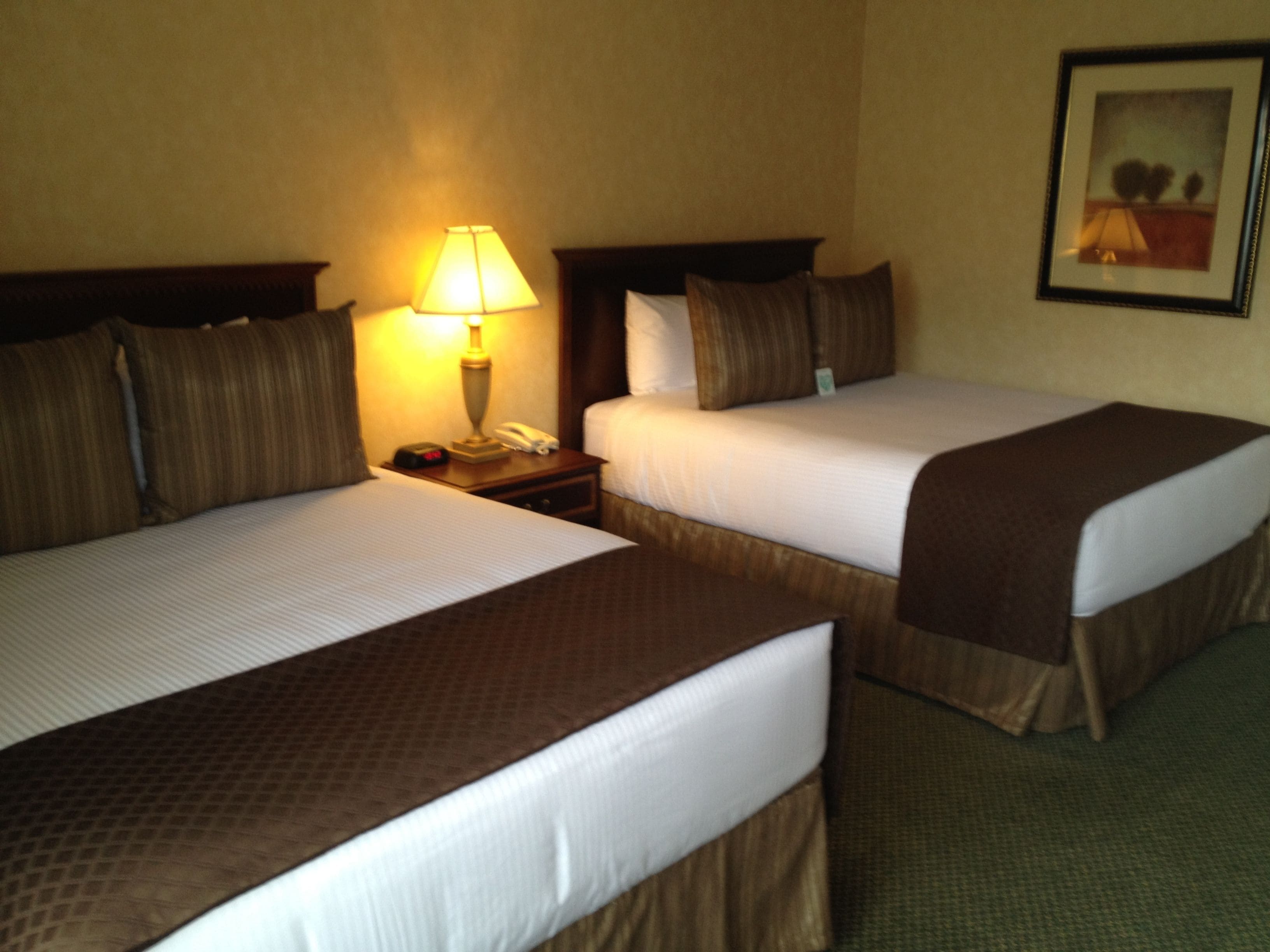 A hotel room with two beds, a nightstand with a lamp, a phone, and a framed picture on the wall.