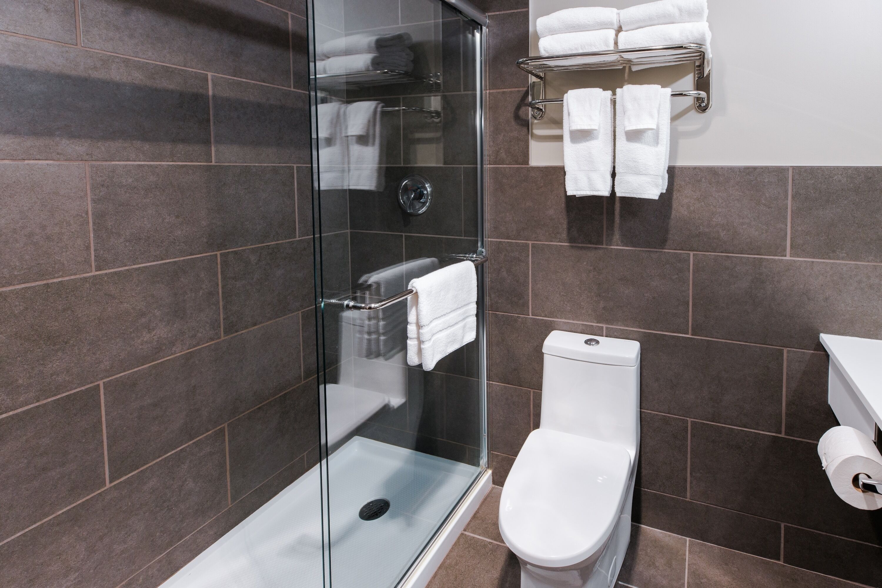 A modern bathroom with a glass-enclosed shower, a white toilet, and a towel rack with neatly folded towels.