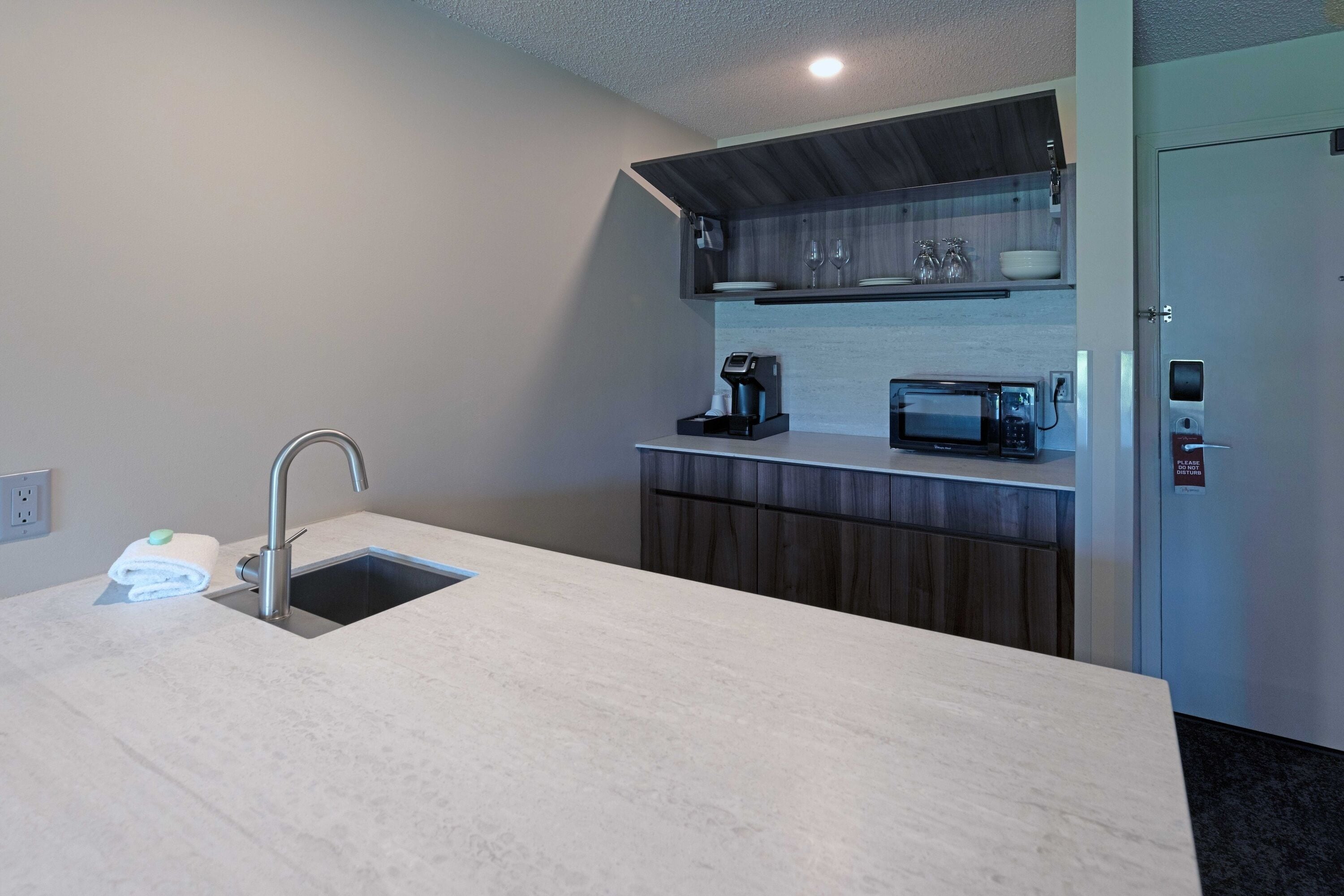 mini-fridge, microwave, coffee/tea maker