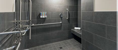 Ein modernes Badezimmer mit Dusche, Toilette und Handläufen.