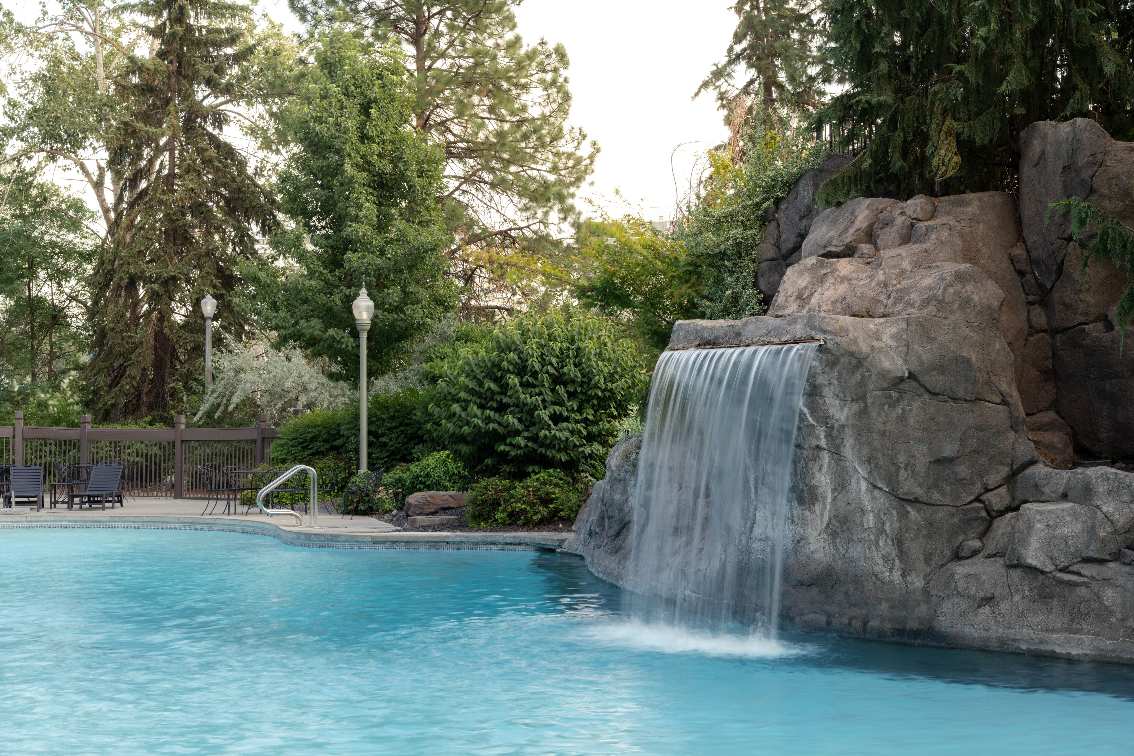 seasonal outdoor pool, pool umbrellas, pool loungers