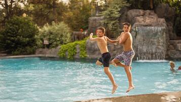 Seasonal outdoor pool, pool umbrellas, pool loungers