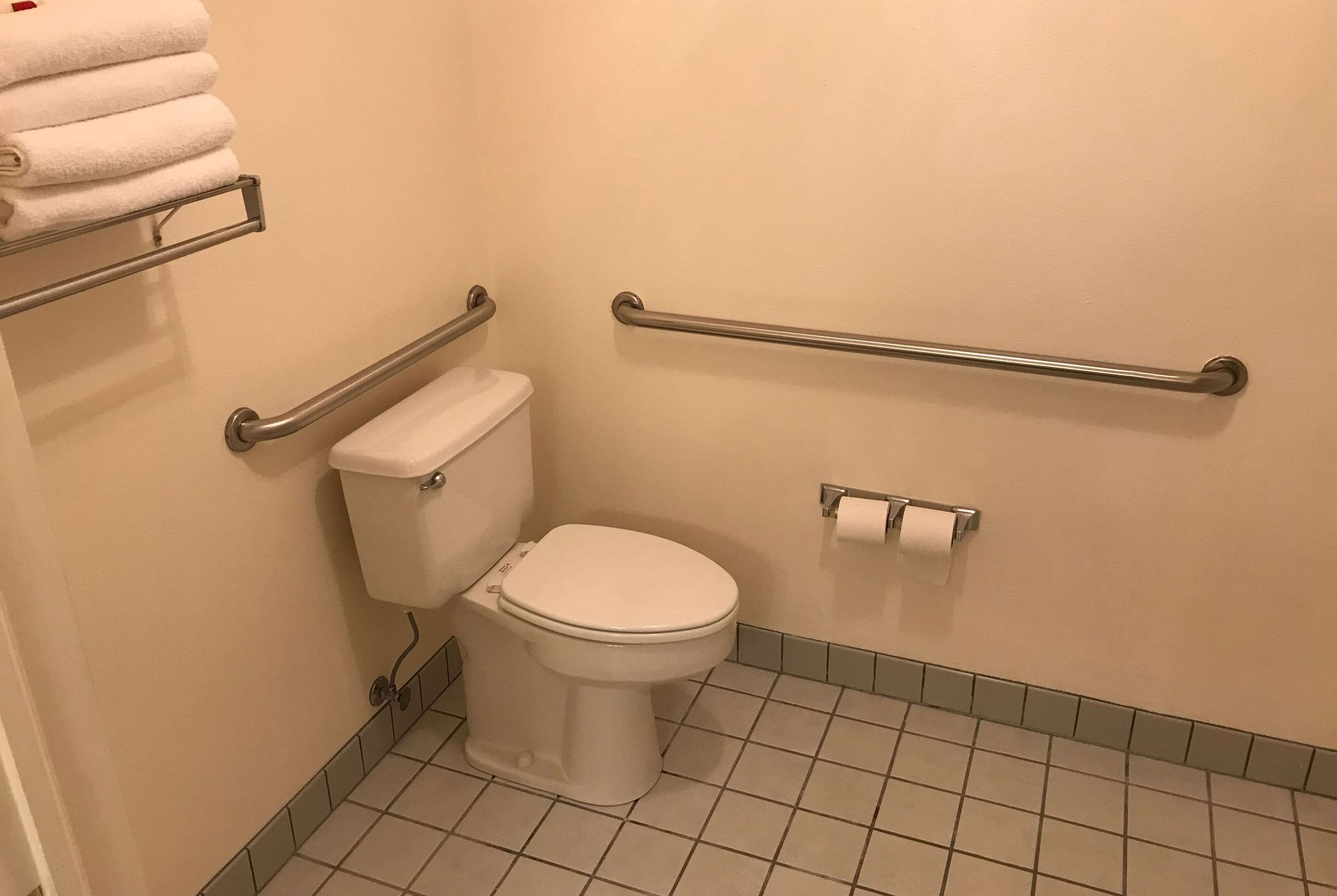 Un baño pequeño y limpio con inodoro, barras de apoyo, toallero y dispensador de papel higiénico.