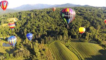 Un paseo en globo aerostático sobre un área boscosa, bajo un cielo despejado.