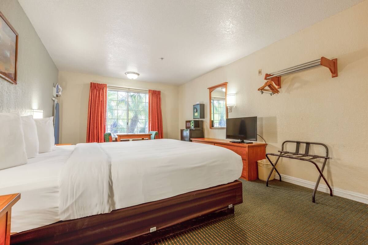 A hotel room with a large bed, a desk with a chair, a television, and a mirror.