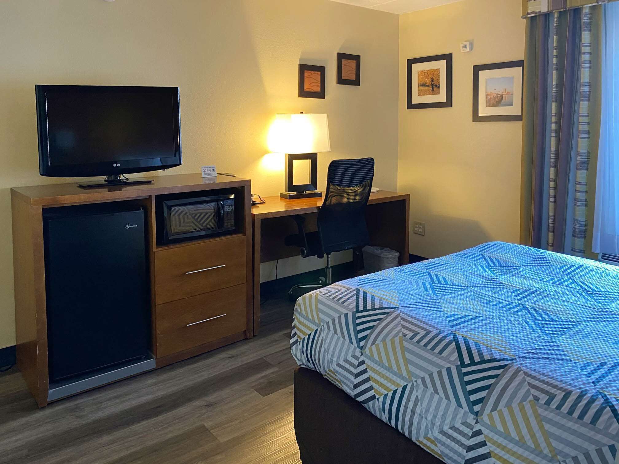 A hotel room with a bed, a desk with a chair, a television, and a minibar.