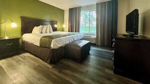 A hotel room with a bed, bedside lamp, TV, and a window with curtains. - Quality Inn & Suites Alexandria (Alexandria)