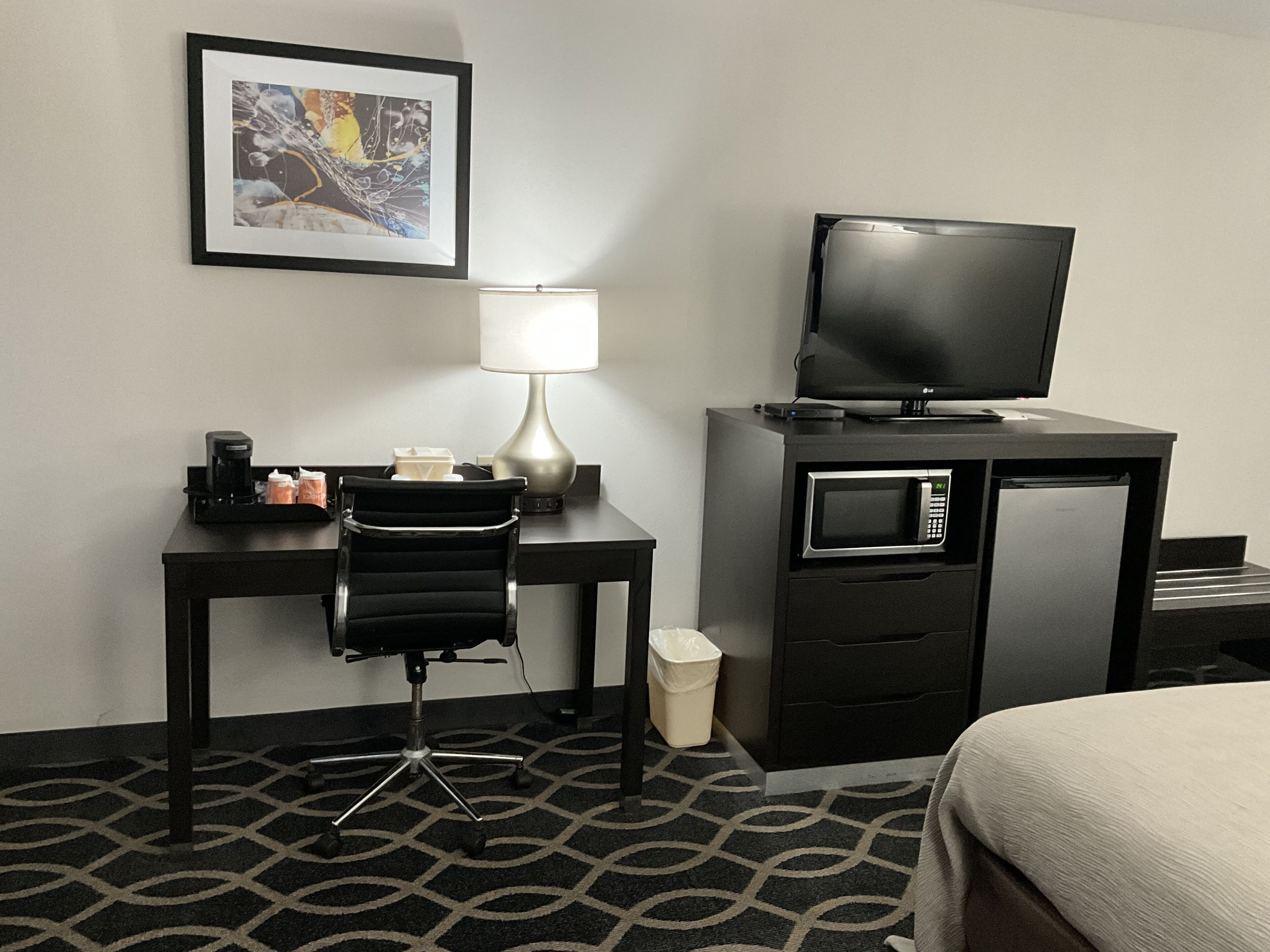 A hotel room with a desk, chair, TV, microwave, and a bed.