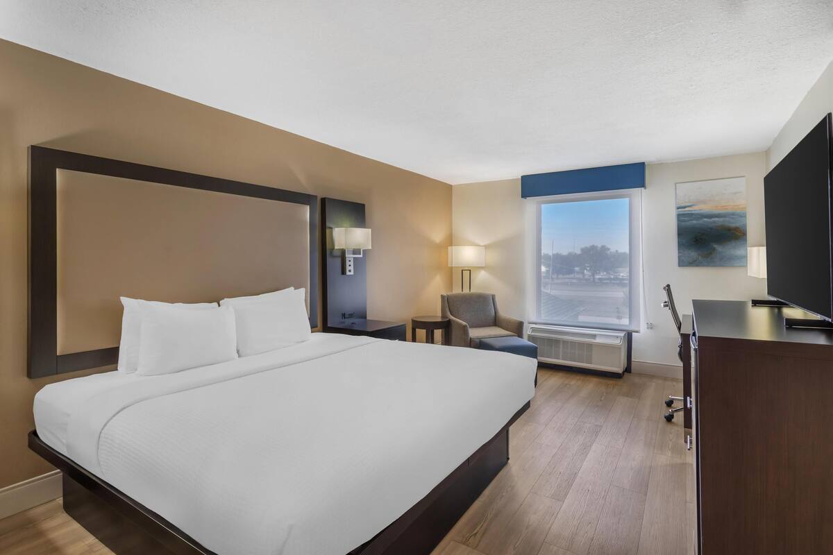 A hotel room with a large bed, a desk, a chair, a TV, and a window with a city view.