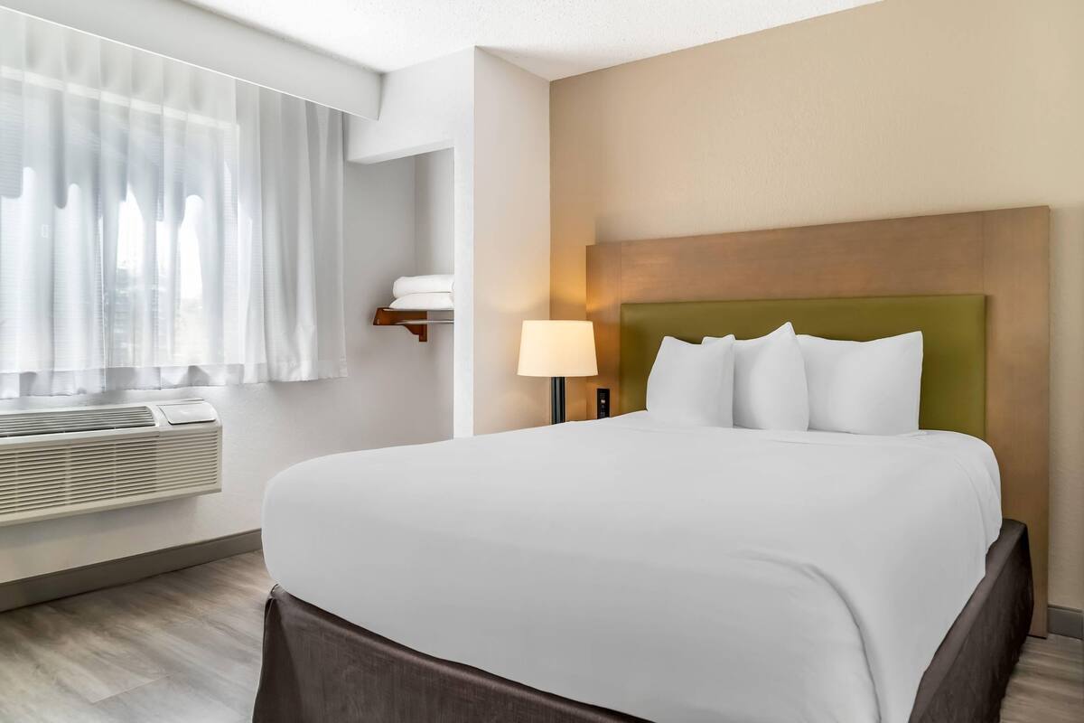 A hotel room with a large bed, a bedside lamp, a window with sheer curtains, and a wall-mounted air conditioner.