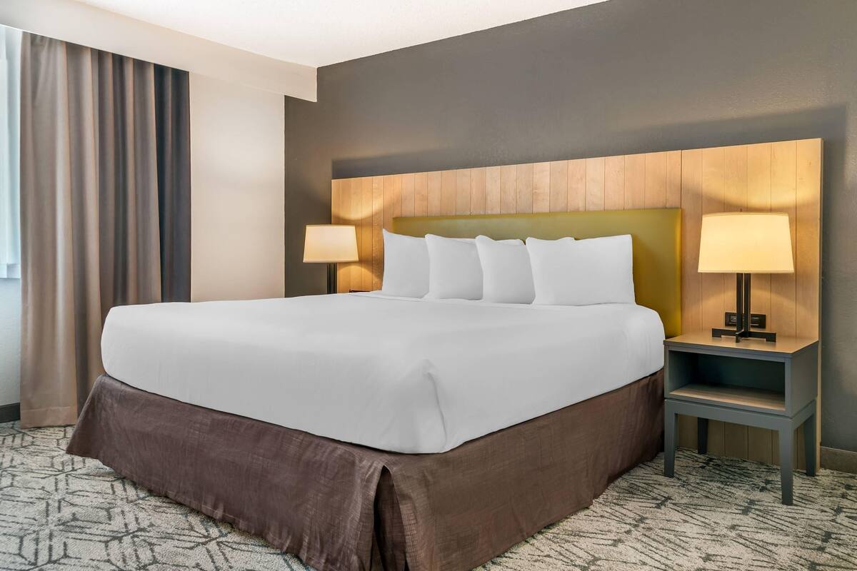 A hotel room with a large bed, two bedside lamps, a nightstand, and a patterned carpet.