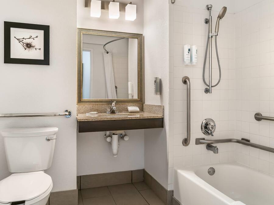 Een badkamer met toilet, wastafel, spiegel, douche en handgrepen.