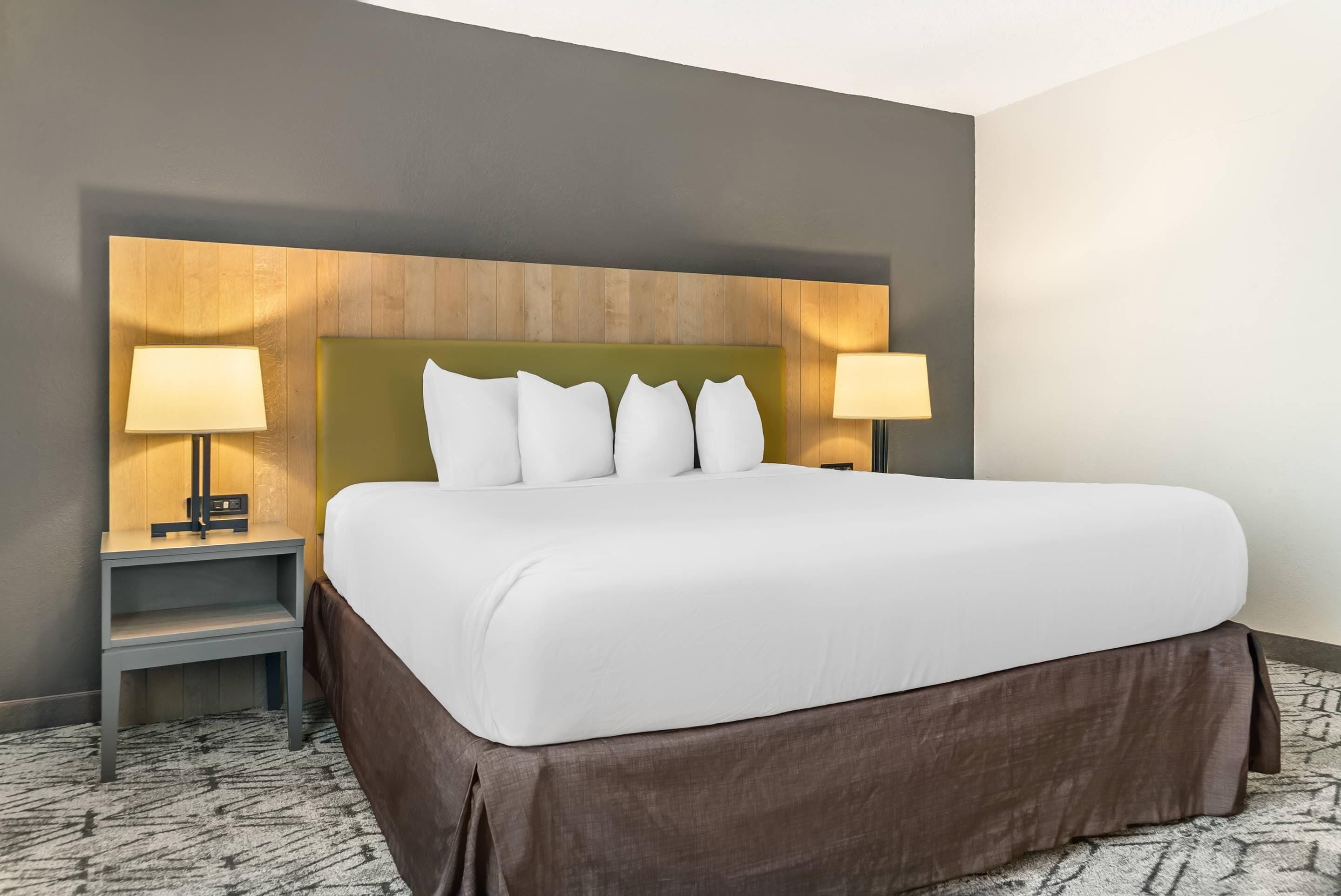 Een hotelkamer met een groot bed, twee nachtkastjes met lampen, een houten hoofdeinde en een kamerbreed tapijt met een patroon.