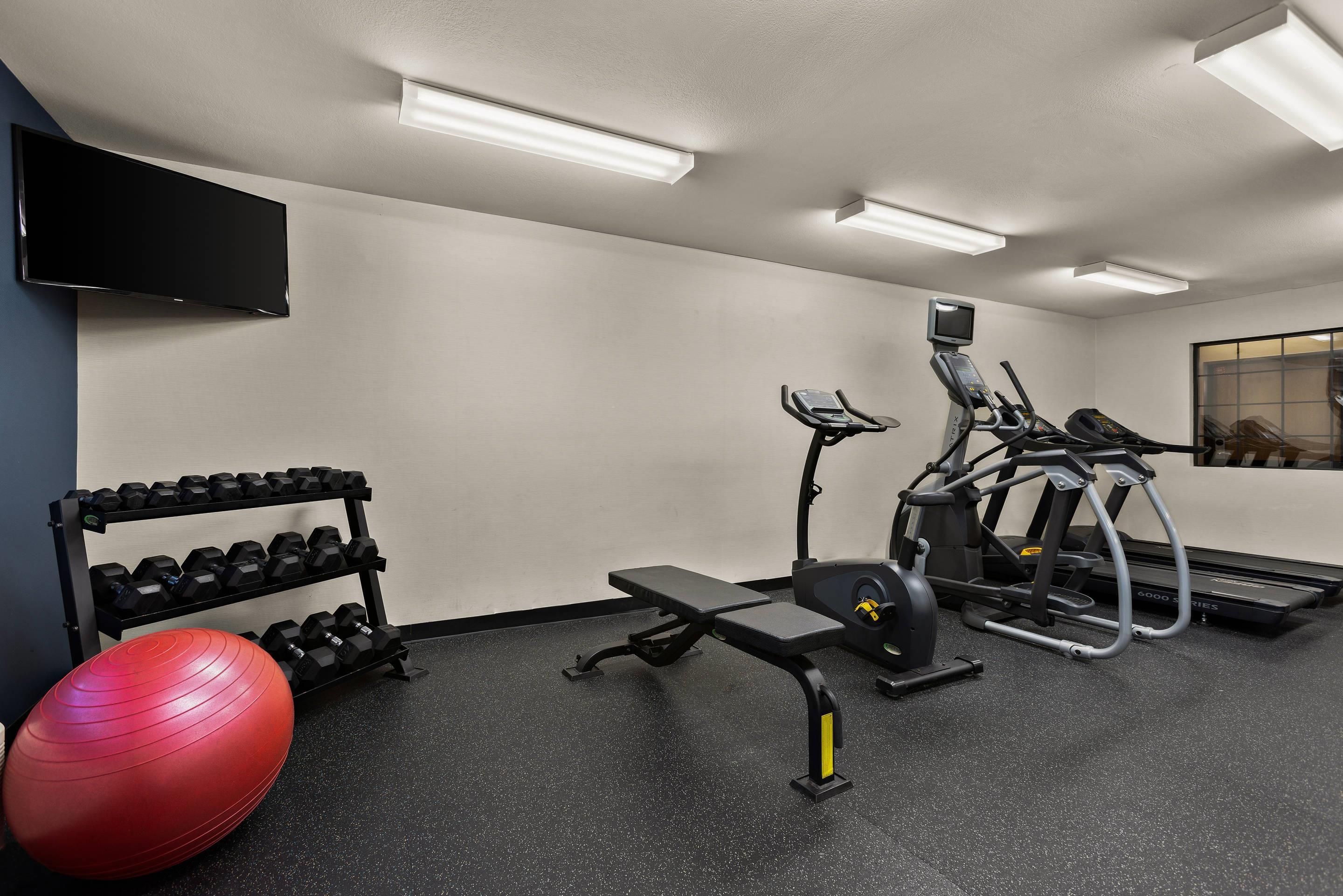 A gym with exercise equipment, a TV, and a wall-mounted shelf with dumbbells.