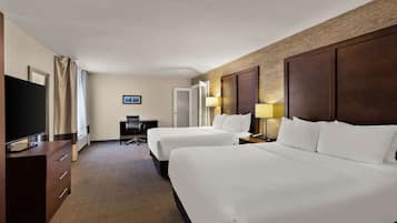 Premium bedding, desk, laptop workspace, iron/ironing board