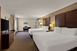Premium bedding, desk, laptop workspace, iron/ironing board
