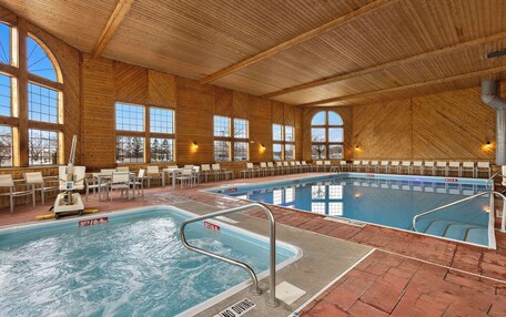 An indoor swimming pool with wooden walls and large windows.