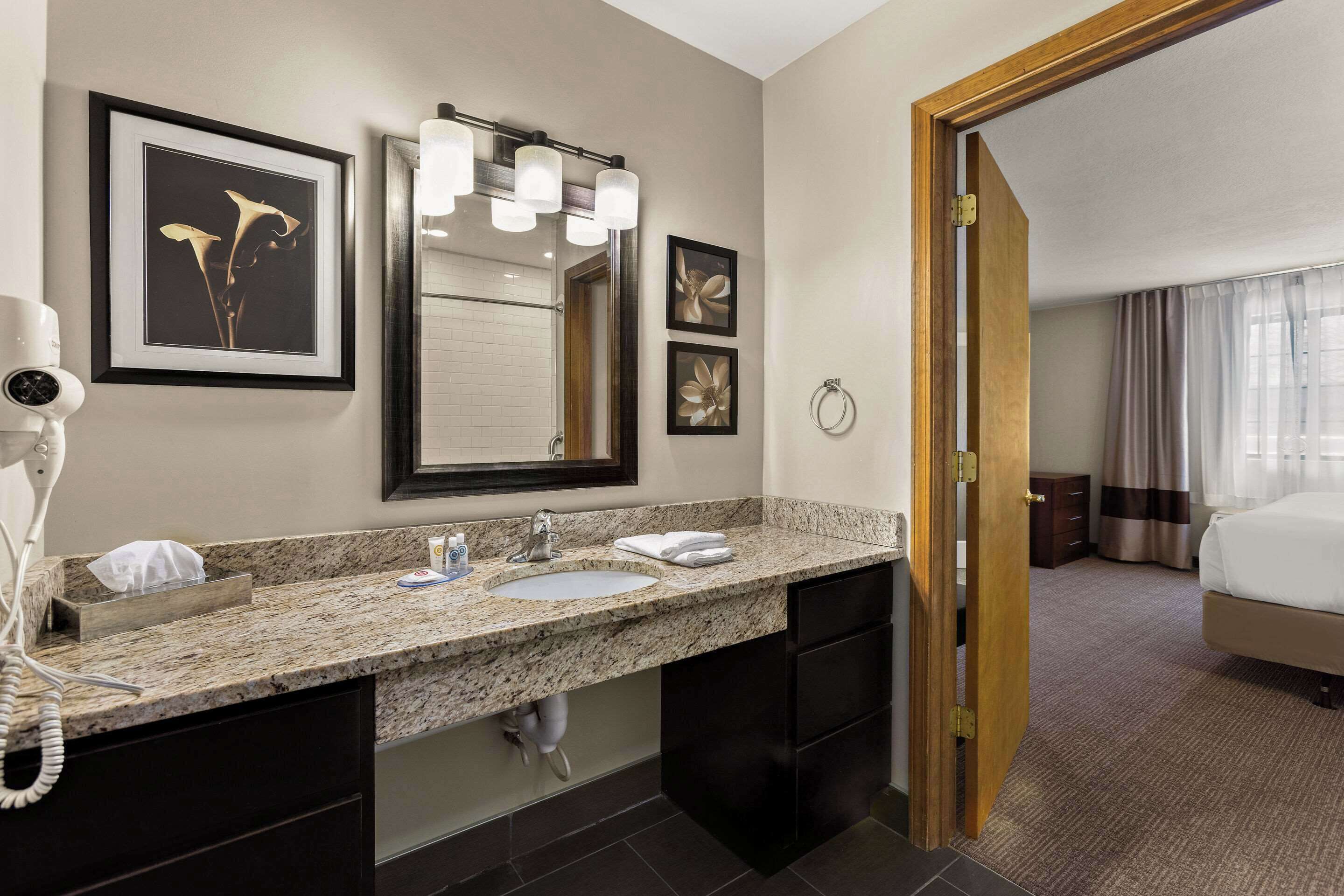 A hotel bathroom with a granite countertop, two sinks, a hairdryer, and framed artwork on the wall.