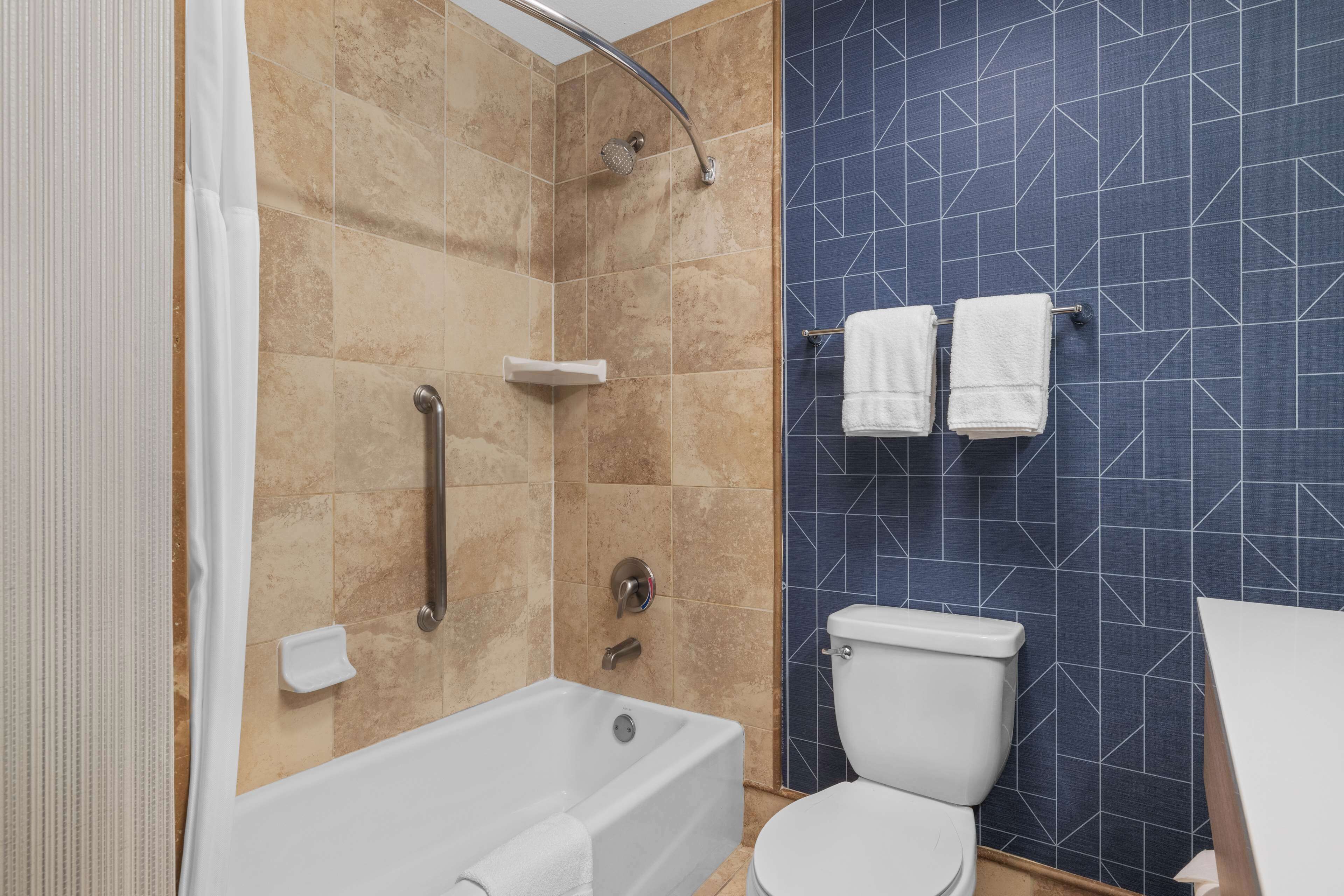 combined shower/bathtub, free toiletries, hair dryer, towels