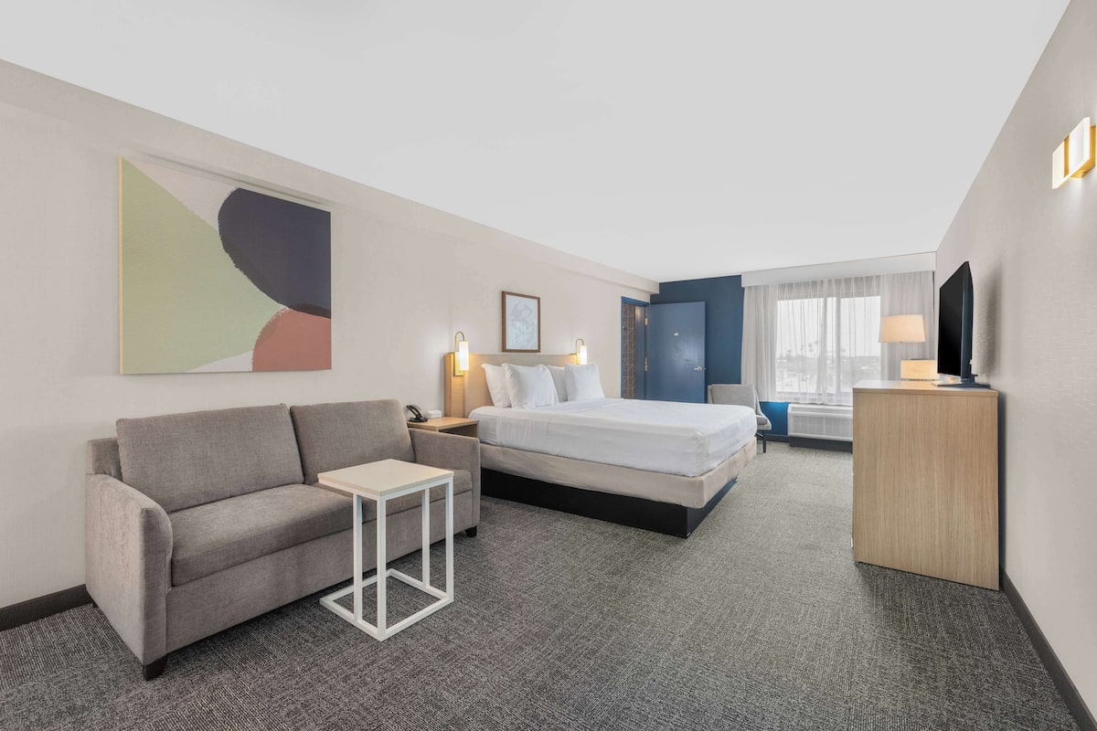 room, 1 king bed with sofa bed | living area | 25-inch lcd tv with satellite channels, tv