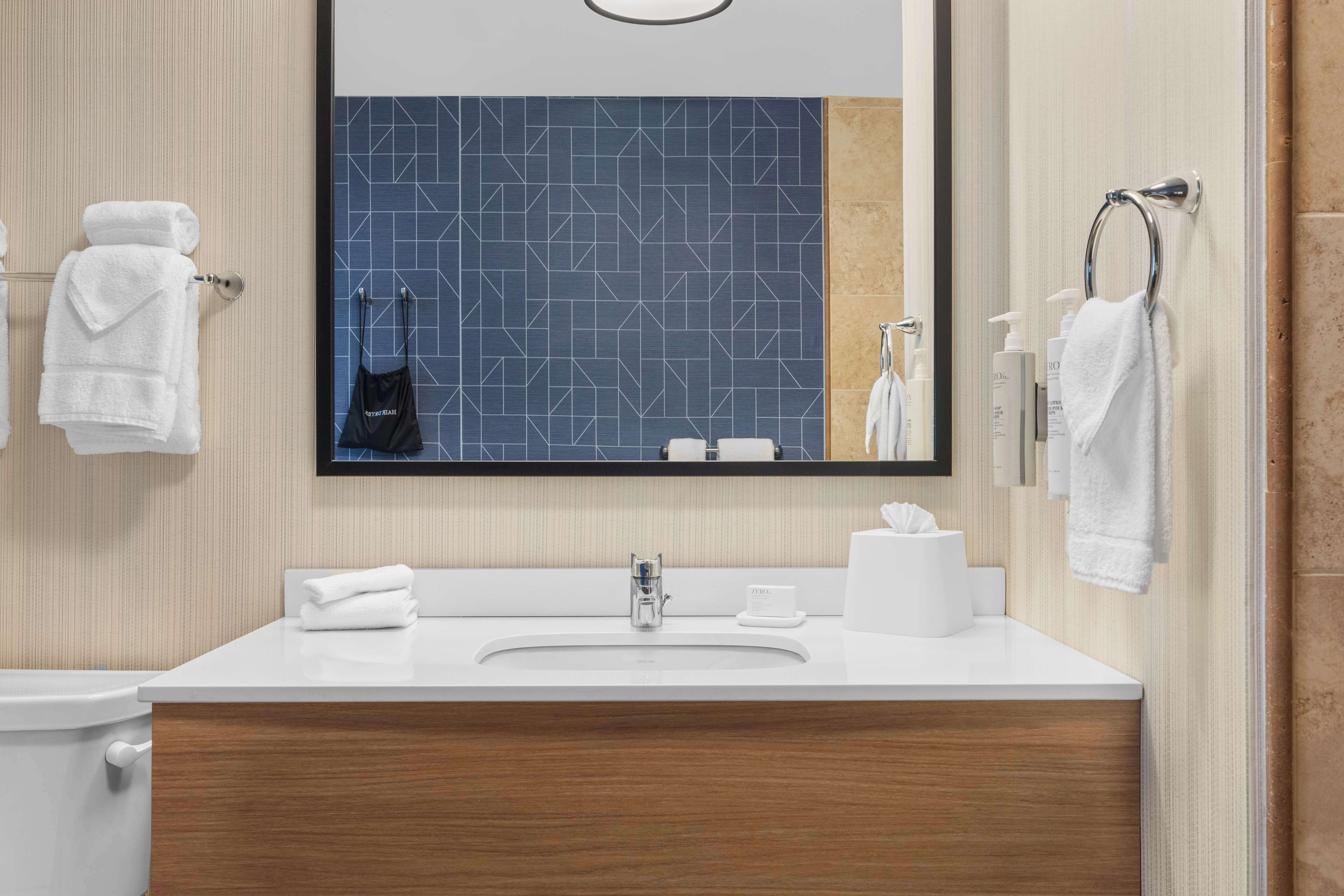 combined shower/bathtub, free toiletries, hair dryer, towels